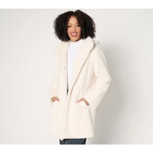 DENNIS BASSO Women’s Faux Mink Anorak Jacket with Removable Hood Size L In Ivory